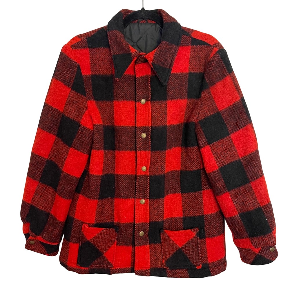 Vintage Buffalo Plaid Wool Hunting Jacket Red Black Quilted Lining Snap Front